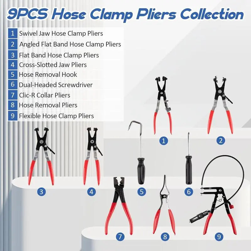 9PCS Hose Clamp Pliers, Long Reach Hose Clamp Tool Remover for Water Hose and Automotive Coolant Radiator Heater with Flexible Wire Long Reach Hose Clamp and Flat Band Pliers #Summervibes