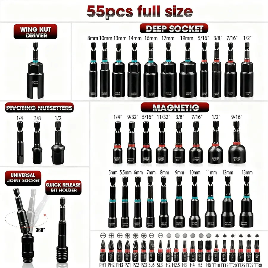 55Pcs Magnetic Impact Nut Driver Set,SAE & Metric Red Storage Case,Socket Set,Socket Adapters & Quick Release Extension,MechanicEssentials #Summervibes