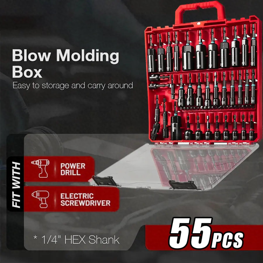 55Pcs Magnetic Impact Nut Driver Set,SAE & Metric Red Storage Case,Socket Set,Socket Adapters & Quick Release Extension,MechanicEssentials #Summervibes